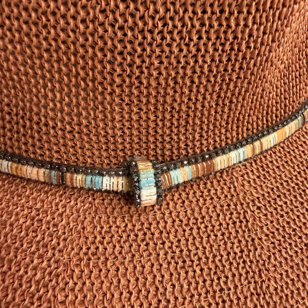 Anthropologie Cali Dream Rust Boho Wide Brim‎ Fedora Hat Beaded Band One Size